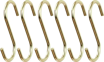 Five golden S-hooks arranged in a row against a white background.