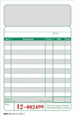 Immagine prodotto di 10x RNK Verlag 2952F Blocchetto per registratori di cassa bicolore con pinzatura superiore 2 x 50 fogli 96 x 167 mm numerati(S)