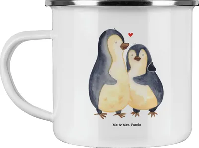 Produktbild von Mr. & Mrs. Panda Teetasse Pinguin umarmen - Weiß - Geschenk, Emaille Becher, Pott, Liebe, Hochzeitstag, Verknallt, Tasse, emaillebecher, Hochzeit, Hochzeitsgeschenk