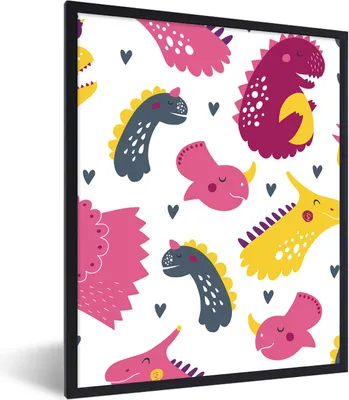 Produktbild von MuchoWow® Gerahmtes Poster dino-muster-kinder-pink-mädchen3-4 60x80 cm - Poster mit Schwarzem Bilderrahmen Wandposter Rahmen Foto Bilder - Premium - Wanddeko Wohnzimmer