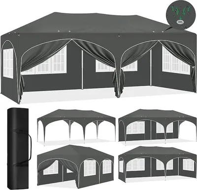 Produktbild von Pavillon 3x6 m faltbar, Pop-Up Faltpavillon wasserfest Winterfest, Grillpavillon stabil, Gartenpavillon mit Seitenwänden Fenstern Tasche, für Camping Strand Garten, Grau