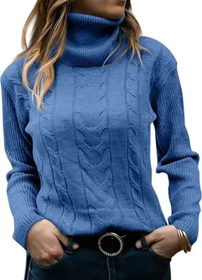 Produktbild von ASKSA Damen Elegant Rollkragen Pullover Casual Strickpullover Jumper Langarm Pulli Sweatshirt Oberteile, Blau, M