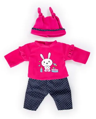 Productafbeelding van Bayer Design 84679AA Kleding voor poppen, geschikt voor poppen van 40-46 cm, set bestaande uit broek, top en muts, outfit met konijnenmotief, roze, blauw, stippenprint