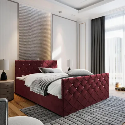 Immagine prodotto di Letto con rete a molle MASSENO, modello MANDI, 160x200 cm, set completo con materasso a molle Bonell e topper, letto imbottito con contenitore, colore rosso, tessuto MAGIC VELVET 2266