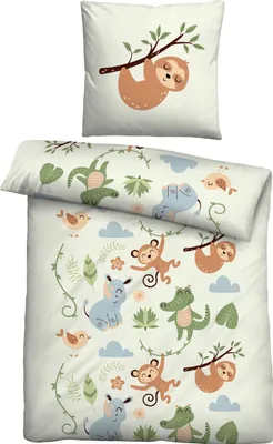 Produktbild von Bettwäsche 135x200/80x80cm 2-teilig Dschungel – Microfaser Satin, Kinderbettwäsche mit Motiv, weich, pflegeleicht & hautfreundlich