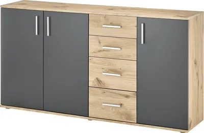 Produktbild von Kommode - 160 x 84 cm - 3 Türen - 4 Schubladen - Grau matt - Viking Eiche Nachbildung