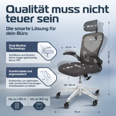 Produktbild von CLOUVOU SmartSeat Grau Bürostuhl, ergonomischer Schreibtischstuhl, Chefsessel, Gaming Stuhl, Drehstuhl 150 kg - individuell einstellbar