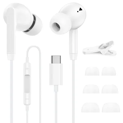 Imagen del producto de Auriculares con cable USB-C para auriculares intrauditivos, cable para auriculares, color blanco