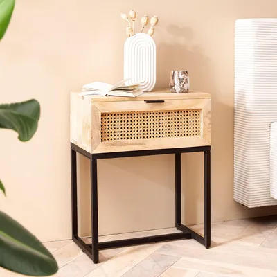 Produktbild von WOHNLING Nachtkonsole Mango Massivholz / Rattan 50x60x30 cm Nachttisch Braun Nachtkommode Boxspringbett mit Schublade Wiener Geflecht Nachtkästchen