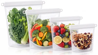 Produktbild von Silikon Gefrierbeutel 1500 ml – Wiederverwendbar, BPA-frei, auslaufsicher, spülmaschinenfest, Standboden, luftdichter Zip-Verschluss für Lebensmittel, KI-generiertes Bild