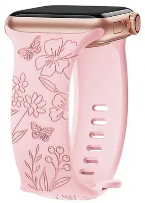 Image de Bracelet pour Apple Watch Series 11 10 9 8 SE 7 6 5 4 3 2 1 Ultra 1/2/3, 42mm-44mm-45mm-46mm-49mm Silicone Gravure Papillon Rose