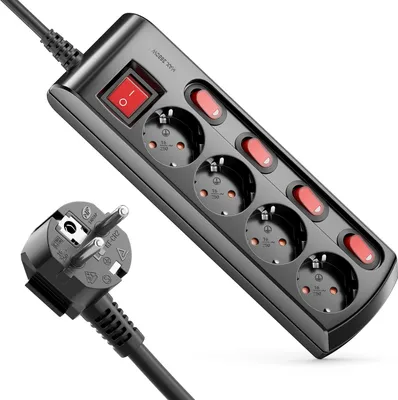Produktbild von deleyCON 4 Fach Steckdosenleiste Einzeln Schaltbar 1,4m Kabel (4x Ein/Aus Schalter und 1x Hauptschalter) Strom Stromleiste Mehrfachsteckdose mit Kindersicherung - Schwarz