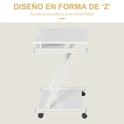 Image de Bureau informatique sur roulettes - Bureau de 60x48 cm - Tiroir coulissant pour clavier - Structure en bois - Idéal pour le salon ou le bureau à domicile - Blanc