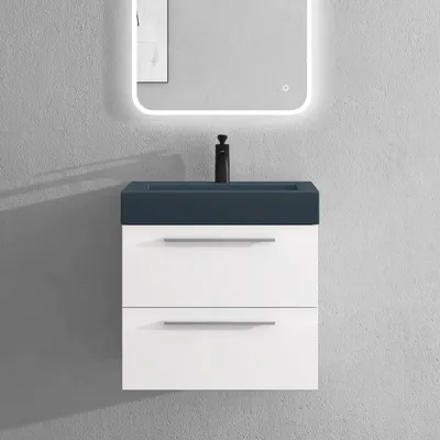 Image de doporro Meuble de Salle de Bains Blanc Mat Ensemble de 2 Pièces Meuble Suspendu avec Lavabo 60 cm Design Quadratto
