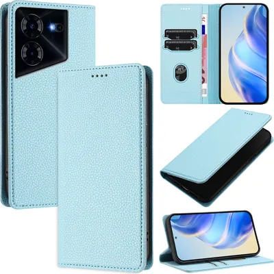Produktbild von Litchi Leder Handyhülle für Tecno Pova 5 Wallet Kartenfächer Standfunktion Hülle Hellblau