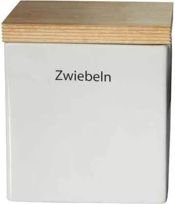 A white ceramic storage container with a wooden lid, labeled "Zwiebeln".