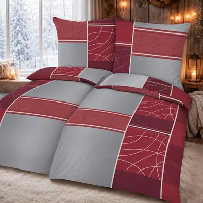 Produktbild von Bettwäsche Winter Biber Feinbiber Baumwolle 2x 135x200 + 2x 80x80 cm Doppelpack Design: Karo Rot, KI-generiertes Bild