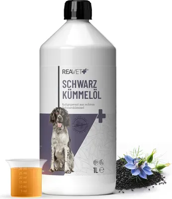 Produktbild von REAVET Schwarzkümmelöl 1L für Hunde & Pferde - Kaltgepresst aus echtem Schwarzkümmel I Barf-Zusatz, Kümmel-Öl mit essenzielle Omega-Fettsäuren für Fell, Haar & Haut