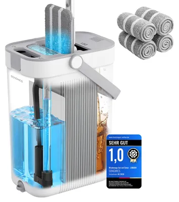 Produktbild von SONGMICS Wischmopp-Set mit Eimer, Bodenwischer, 4 Mikrofaserbezüge – Weiß + Grau
