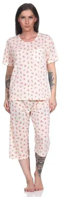 Produktbild von Damen Pyjama 3/4 Hose & Shirt Schlafanzug Hausanzug Sommer; Aprikose/XL/42