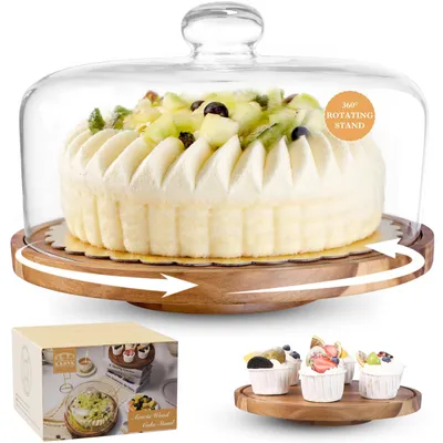 Glazen Taartstandaard mit Haube, 30,5 cm, Acaciaholz, drehbar