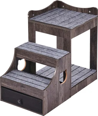 Produktbild von SucceBuy Graues Etagenbett für Haustiere mit abnehmbarer Treppe, mehrstufiger Fenstersitz für Hunde und Katzen, mit Stauraum und für den Innenbereich, bequeme Sitzplattform für kleine Haustiere