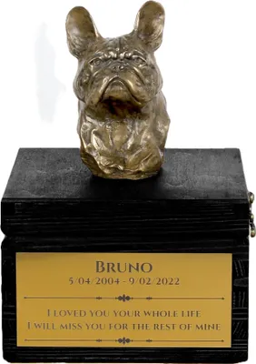 Produktbild von Französische Bulldogge - eine Urne mit Gravur und Hundeskulptur, letzter Abschied, handgefertigtes Produkt der Marke Art-Dog