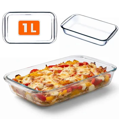 A collage of images showing a glass baking dish, including one with food and one empty, and a close-up of the dish with a size indicator.