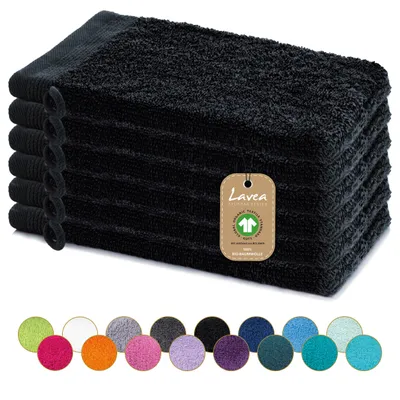 Produktbild von Lavea® 6er Set Waschhandschuh 16x22 cm, 100% Baumwolle, Waschlappen, saugstark, waschbar, strapazierfähig, Frottierserie Bali - Schwarz