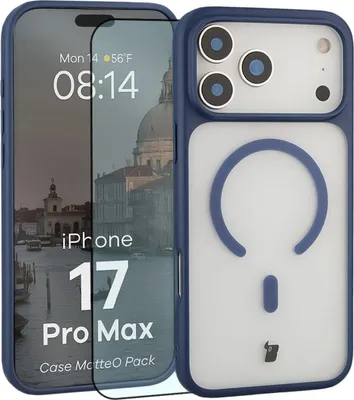 Produktbild von Schutzhülle mit Magnetring + gehärtetem Glas für iPhone 17 Pro Max, Bizon MatteO Pack, Getönt-Dunkelblau