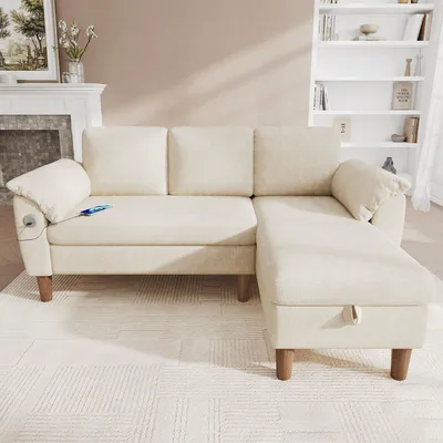 Productafbeelding van L-vormige hoekbank, 3-zits, chaise longue met opbergruimte, USB/Type-C poorten, zijvak, chenille (beige)