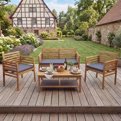 Image de Garniture de jardin HWC-E99b, ensemble de salon balcon Lounge-Set, bois d'acacia massif  MVG ~ coussin gris foncé