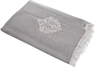 Productafbeelding van Ibenzoa® Omkeerbare jacquard-deken van 100% katoen voor bed en bank, grijs ornamentpatroon met franjes, 180 x 210 cm