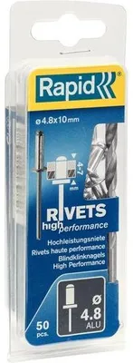 Immagine prodotto di Confezione blister da 50 rivetti ciechi ad alte prestazioni testa piatta 4,8 x 10 mm in alluminio