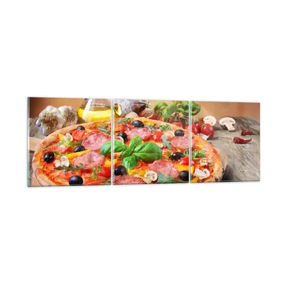 Produktbild von Bilder auf glas - Pizza Käse Tomaten - 150x50cm - Glasbilder - Wandbilder - Kunstdruck - zum Aufhängen bereit - Wanddekoration aus Glas - Glas Bilder - Wandbild auf Glas - 3 Teile - GCA150x50-4024