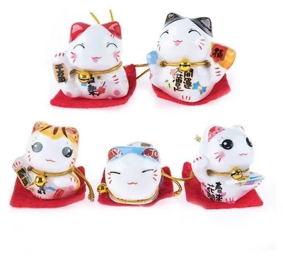 5 Maneki Neko Katzen – Japanische Glückskatzen aus Porzellan, 4,5 cm