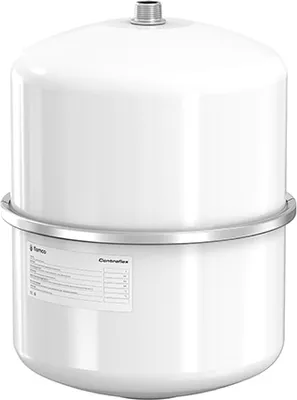 A white expansion vessel with a label on the side.