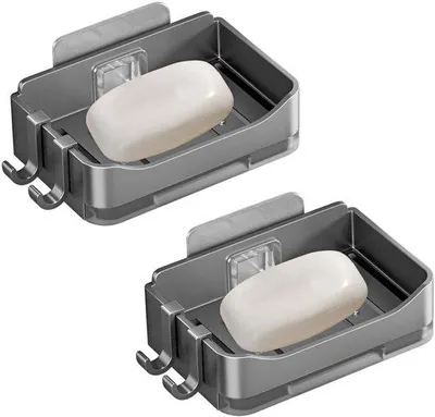 Produktbild von Unyqoos® Selbstklebender Seifenhalter mit Abtropfschale & Haken, grau, ABS-Kunststoff, ohne Bohren – Wandmontage für Bad & Küche