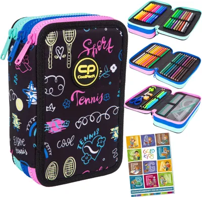 Produktbild von Federtasche 3-fache Federmappe Tennis Star Federmäppchen 46-teilig gefüllte Schüleretui Stifte und Pinsel inkl. Aufgabenheft Federbox Etui Stiftetasche Schlamper-Etui Schul-Etui