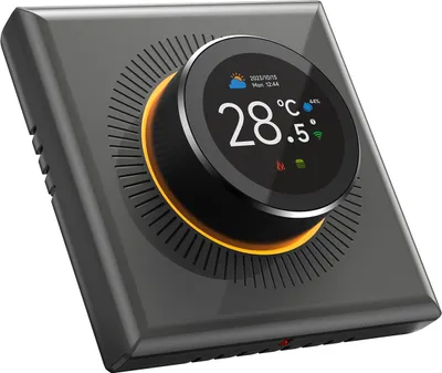 A smart thermostat with a digital display and a rotary dial.