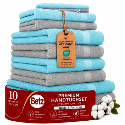 Produktbild von Betz 10-tlg. Handtuch-Set PREMIUM 2 Duschtücher 4 Handtücher 2 Gästetücher 2 Waschhandschuhe Farbe: silbergrau & türkis