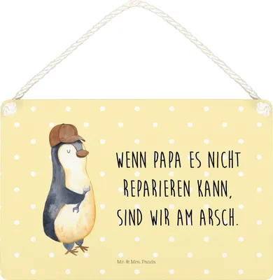 Produktbild von Mr. & Mrs. Panda holzbild Wenn Papa es nicht reparieren kann, sind wir am Arsch DIN A4 - Gelb Pastell - Geschenk, Vatertag, kleine aufmerksamkeit, Muttertag, Pinguin