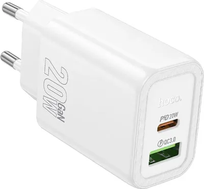 A white Hoco 20W GaN USB-C + USB-A fast charger with PD QC 3.0 ports.