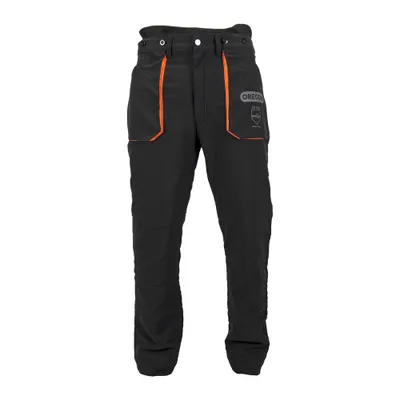 A pair of black chainsaw protective pants with orange trim and a logo on the right pocket.
