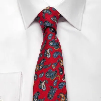 Produktbild von Krawatte für Herren: Rotes Paisley-Muster aus Baumwoll-Leinen, Einheitsgröße