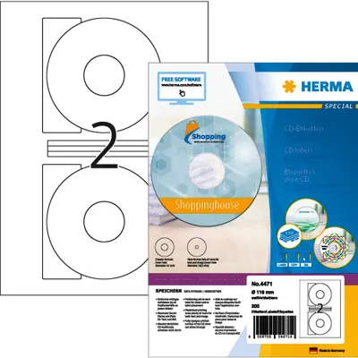 Produktbild von CD-Etiketten A4 weiß Ø 116 mm Papier matt blickdicht 200 St.