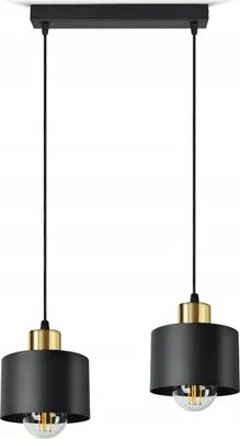 A double pendant light fixture with black shades and gold accents, hanging from a black ceiling mount.