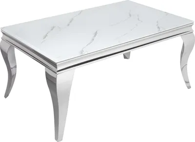 A close-up, isolated shot of a white marble-patterned coffee table with shiny silver legs.