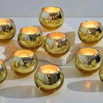 Productafbeelding van Theelichthouder van glas, goudkleurig – decoratie voor de woonkamer – decoratie voor bruilofttafels – kerstdecoratie – set van 24 – kandelaar voor theelichtjes.