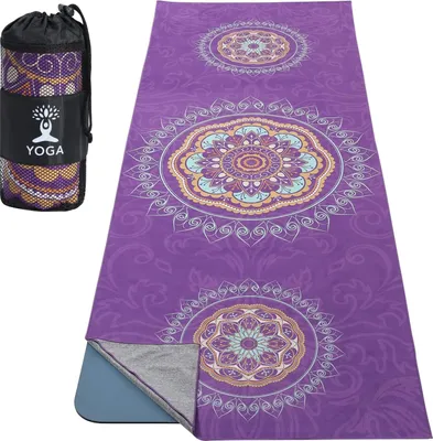 Produktbild von Yogamatte mit rutschfestem Untergrund und schneller Trocknungszeit, inklusive Befestigungsecken. Weiche Yogadecke mit Print, geeignet für verschiedene Yoga-Übungen, Motiv: Mandala, Farbe: Lila